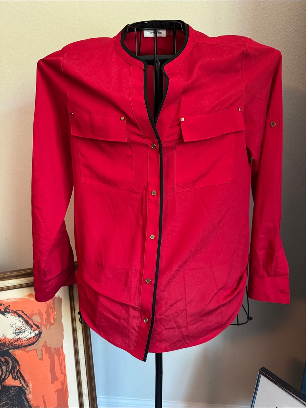 Calvin Klein Bright Red Long-Sleeve blouse with Black Trim